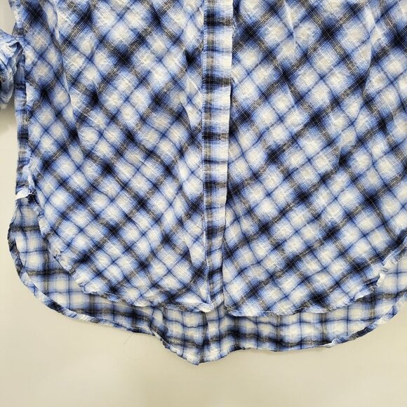 C&C California Women's Blue Plaid Roll Tab Sleeve Button Front Pocket Top Size S - Picture 4 of 9